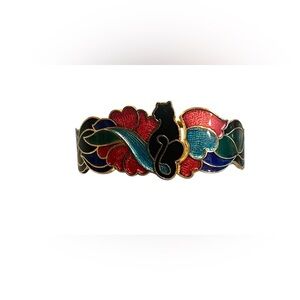 Vintage Cloisonné Black Cat Hinged Bracelet – 1980s - w Paw Print Dust Bag
